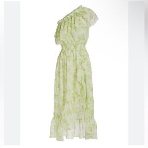 Misa Los Angeles Rumi Floral print chiffon dress green white one shoulder ruffle